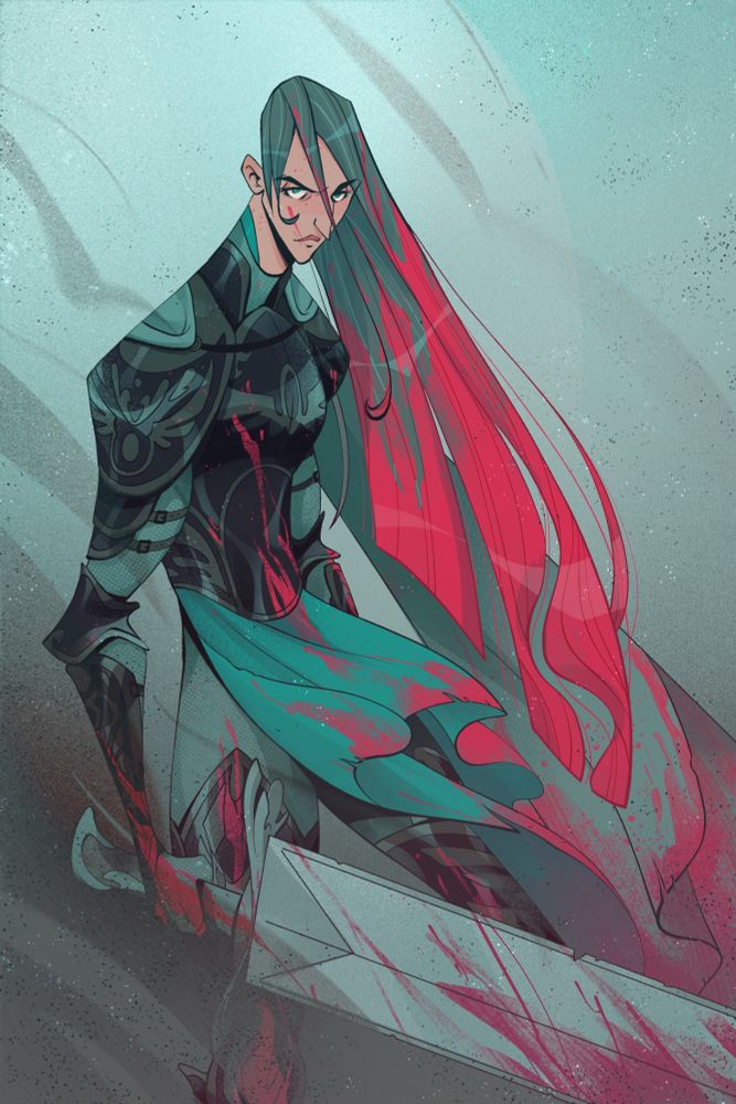 An illustration of a lady knight, standing in a semi relaxed stance. She wears dark armour and wields a giant claymore. Her long hair flows in the wind and it—along with the rest of her, is drenched in blood. Smokey mist and debris float around her. She stars at the viewer with an intense countenance  