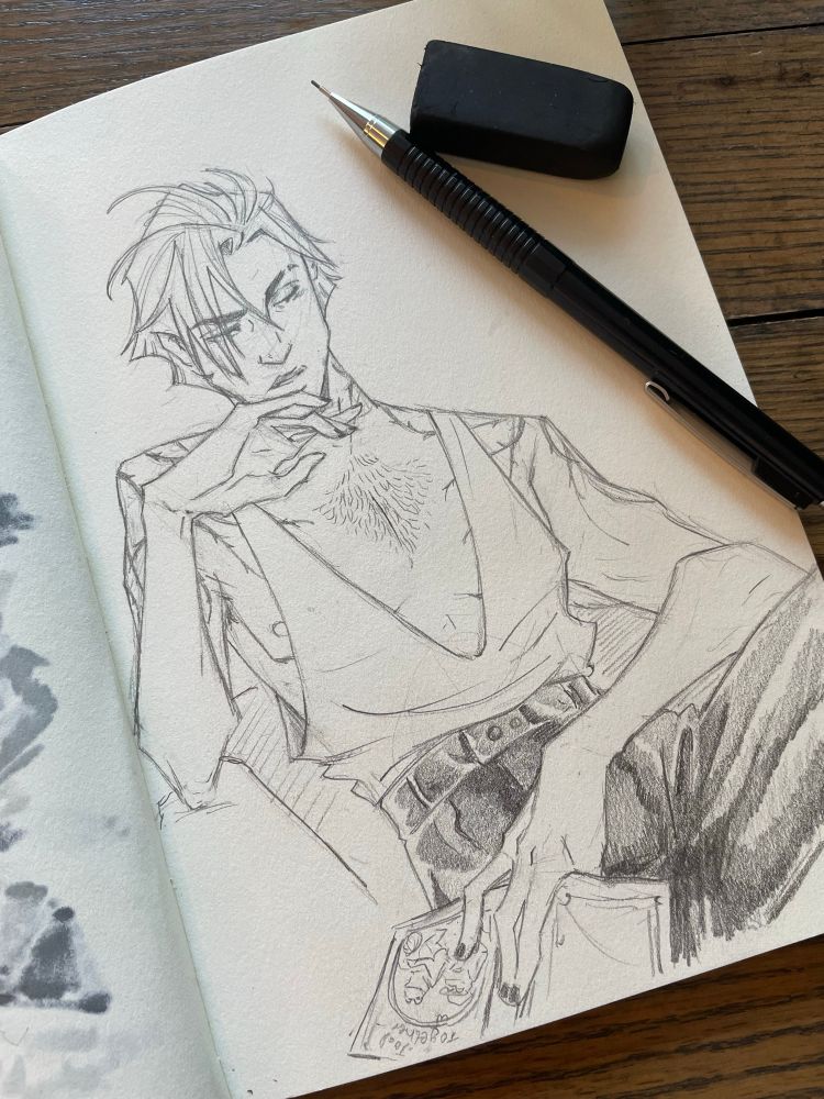 Pencil sketch of Blackheart from Avengers Academy. Wearing a very low cut, loose tank top and shiny (perhaps leather) black pants. He’s leaning in a chair, with his right hand resting under his chin. He gazes downward to the side, as his left hand rests across his lap, fingers marking the page he just read. The cover shows that it is the book Frog and Toad Together by Arnold Lobel