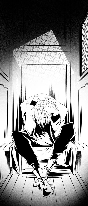 inked drawing of human blackheart in a confessional. he is sitting, bent over with hands on his head in a very distressed pose