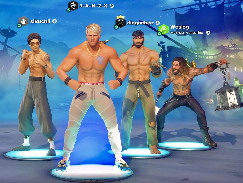 Topless Bruno Mars, Ryan Reynolds, Ryu from Street Fighter and Jason Momoa in Fortnite, with no nipples.