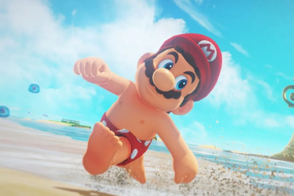 Mario topless in Super Mario Odyssey, with nipples.