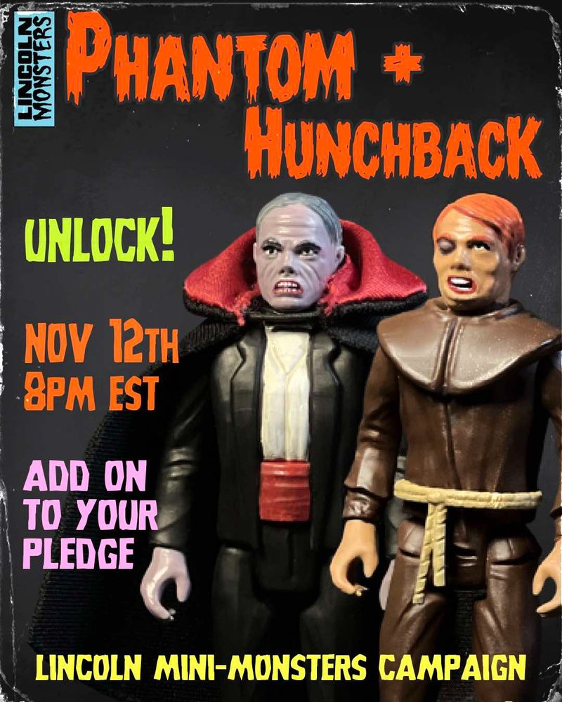 A graphic that shows the Phantom (Purple-faced, with a red and black tux and cape) and Hunchback (red hair, simple brown clothes, rope belt), and says Unlock! Add on to your Pledge