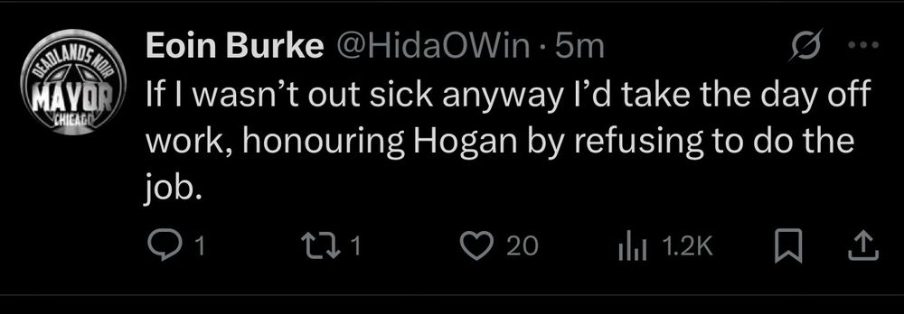 Tweet screencap about Hulk Hogan’s death:

Eoin Burke @HidaOWin • 5m
• ••
If I wasn't out sick anyway I'd take the day off work, honouring Hogan by refusing to do the job.