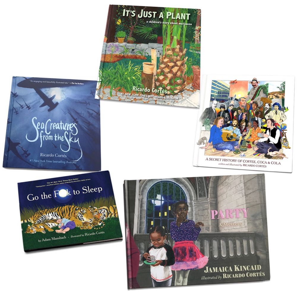 Five books in a circle… from the top, clockwise: It’s Just a Plant - a children’s story about marijuana / A Secret History of Coffee, Coca & Cola / Party - A Mystery / Go the Fuck to Sleep / Sea Creatures from the Sky