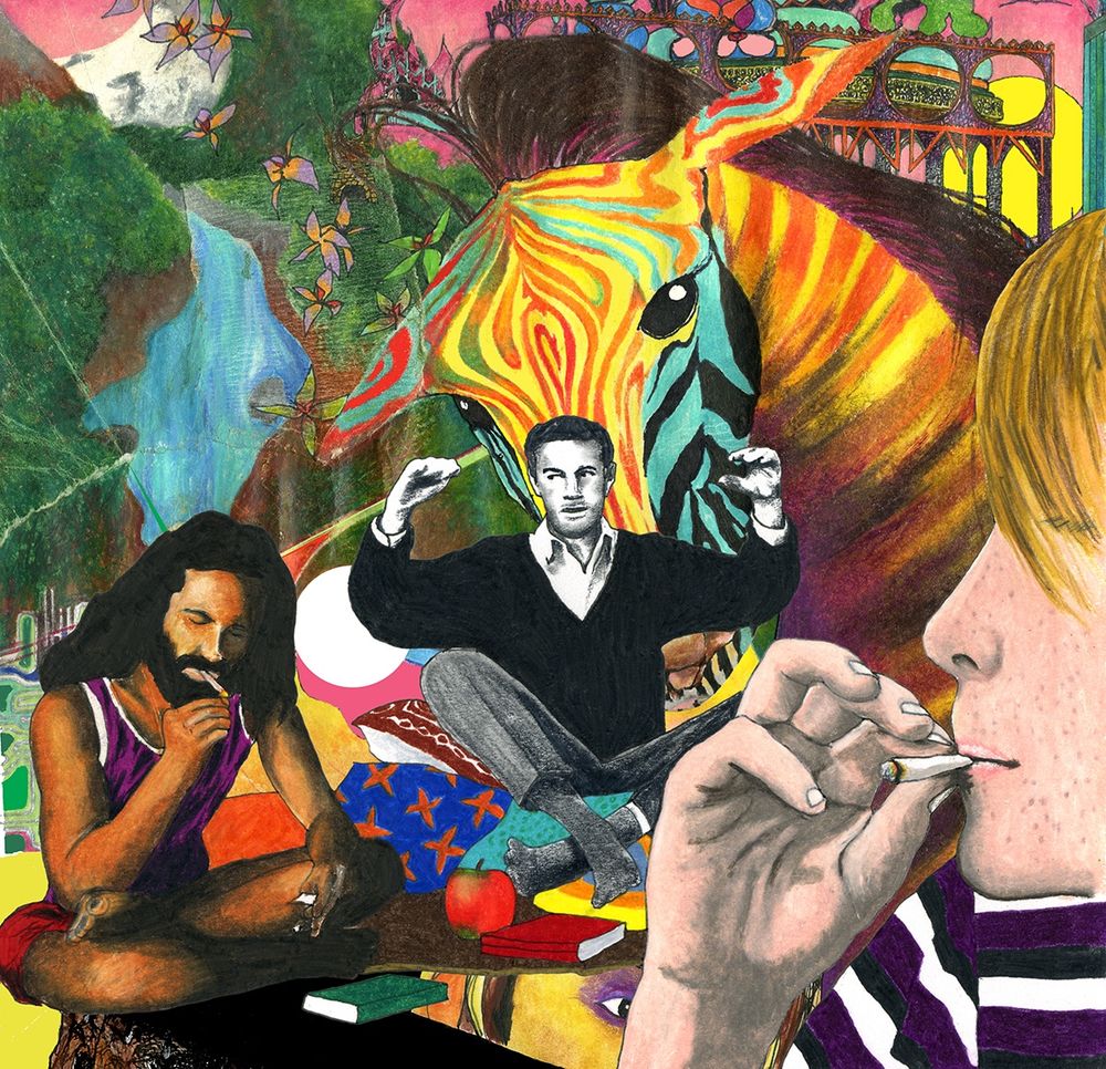 A colorful illustration, a collage of images that include: at left, a bearded, long-haired man lighting a joint, sitting with his legs folded beneath him in front of an apple and several books; next to him, in the center of the image, is a black & white drawing of a short-haired Timothy Leary, also sitting legs criss-cross, holding his arms aloft; to the right foreground is a freckled, dirty blonde-haired face profile holding a roach to their lips. The background of the image has a yellow, red, blue and purple zebra, in front of a psychedelic vista of castles and forested waterfalls