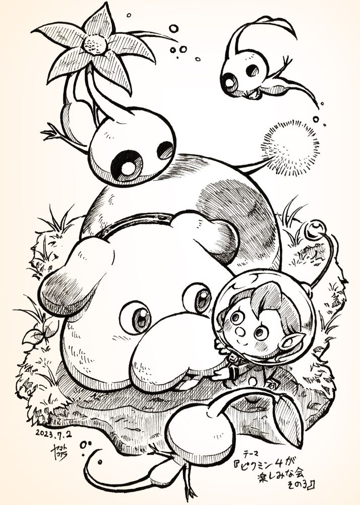 ピクミン4を楽しみに待つ放送の第3回目で描いたイラスト。
個人的にオッチンと新人隊員を温かい雰囲気で描けたので結構気に入ってます。
夜の探索でのヒカリピクミンが初めて公開された時だったので、飛び方の解釈が少し違いますね。
2023年7月2日