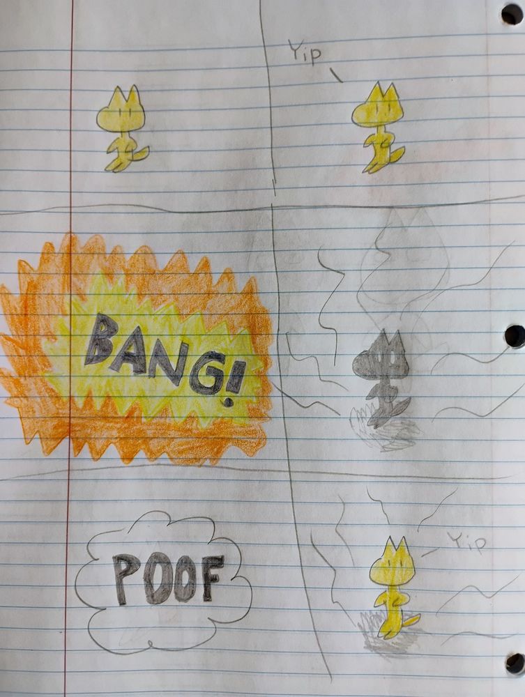 A 6 panel comic.
Panel 1: A yellow kobold is sitting on the ground.
Panel 2: The kobold yips.
Panel 3: There is a big explosion! "BANG!" appears in the middle of it.
Panel 4: The kobold is still sitting on the ground but is now completely covered in soot. The ground is singed and there's smoke rising.
Panel 5: A cloud with the word "POOF" appears.
Panel 6: The kobold is back to normal and yips. But the ground is still singed and smoking.