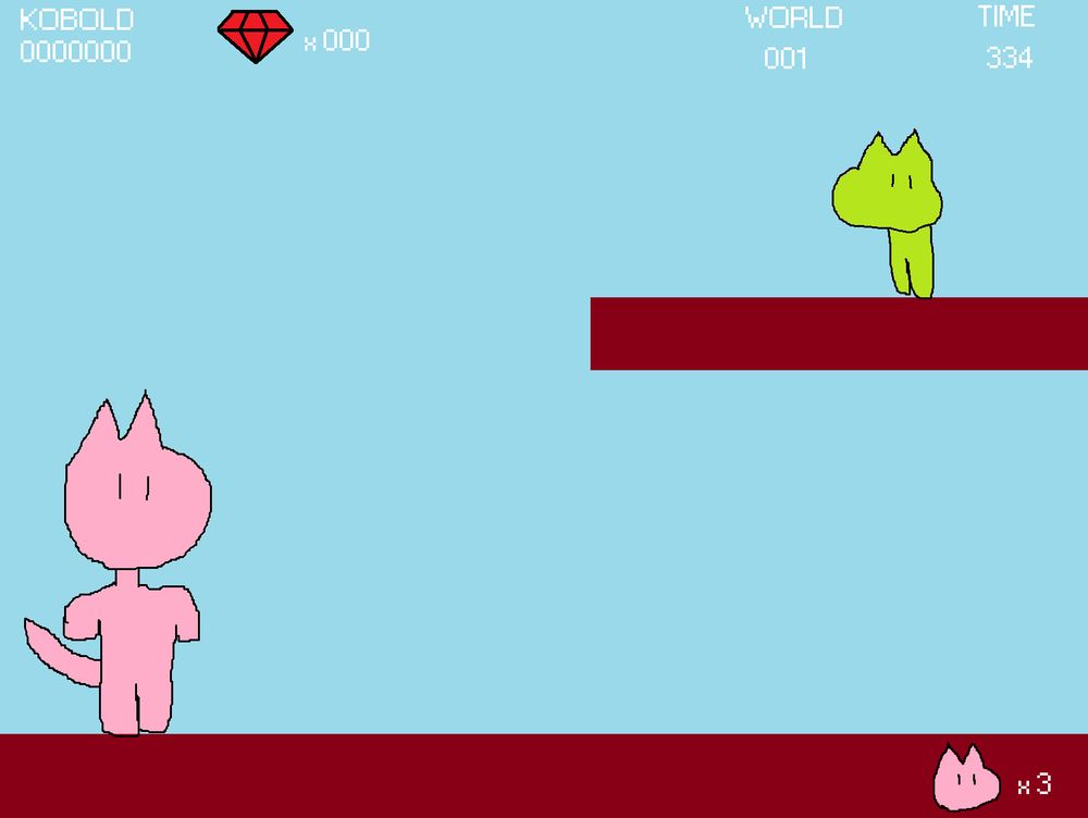 A kobold side scrolling platformer game modeled after the original Super Mario Bros. A pink kobold stands on the far left side of the screen. On a higher up platform, a lime green smolbold stands, implied to be an enemy. On the bottom right is the life counter. Top left is the scoreboard, followed by shinies collected. On the top right is the level and time counter.