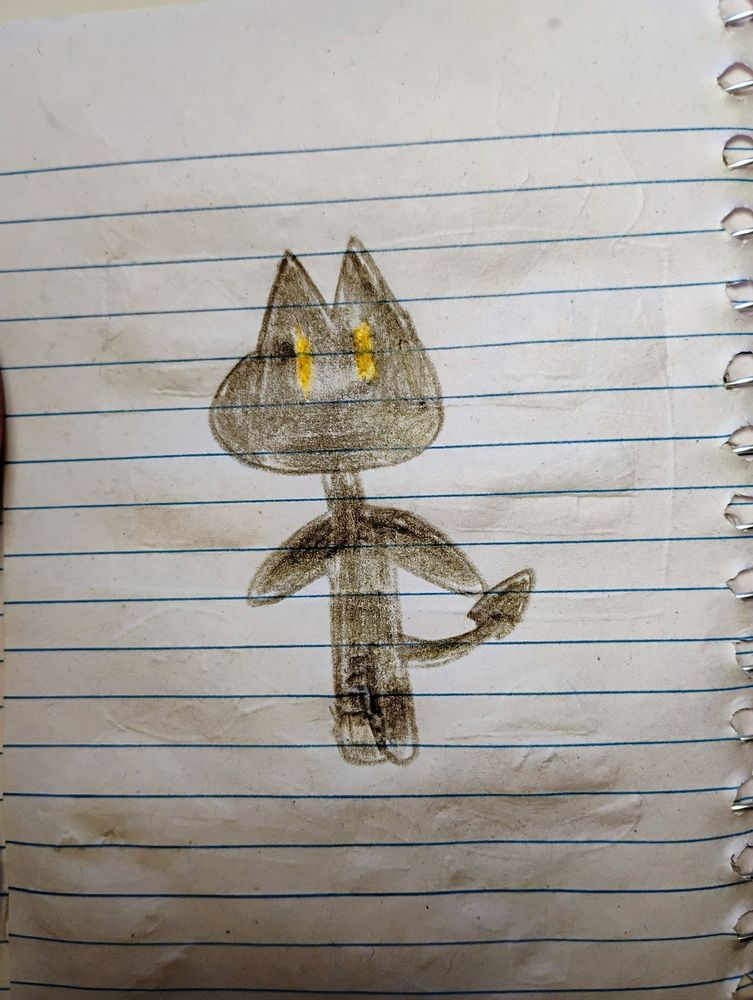 A black kobold with gold eyes and a pointy tail. They're a stylized version of the kobold belonging to the user Slomnir.