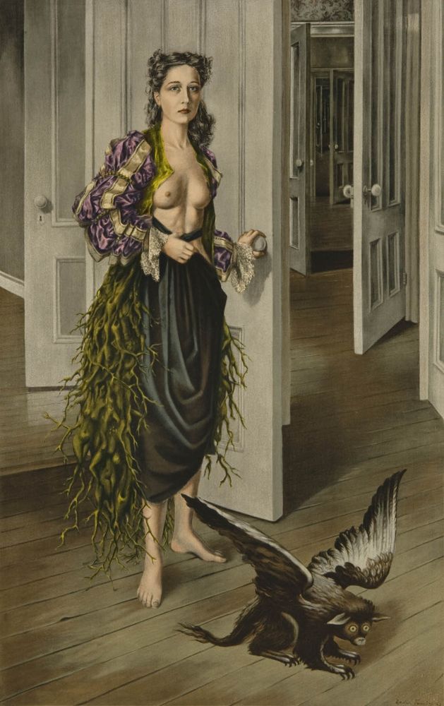 painting "Birthday (Self Portrait at Age 30)" by Dorothea Tanning: a topless woman stands with her hand on the knob of a partly open door, a series of other partly open doors are visible behind her; on the floor at her feet is a winged animal, sort of a mixture of a griffin and a flying monkey