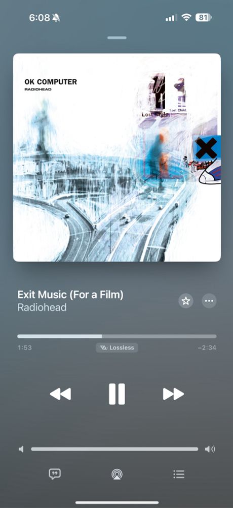 Screenshot of the Apple Music app showing the song Exit Music (For a Film) by Radiohead at the 1:53 mark