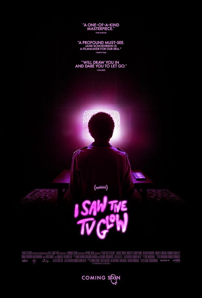 The film poster for I Saw The TV Glow showing the character played by Justice Smith from behind looking at a TV screen that illuminates in a purple light