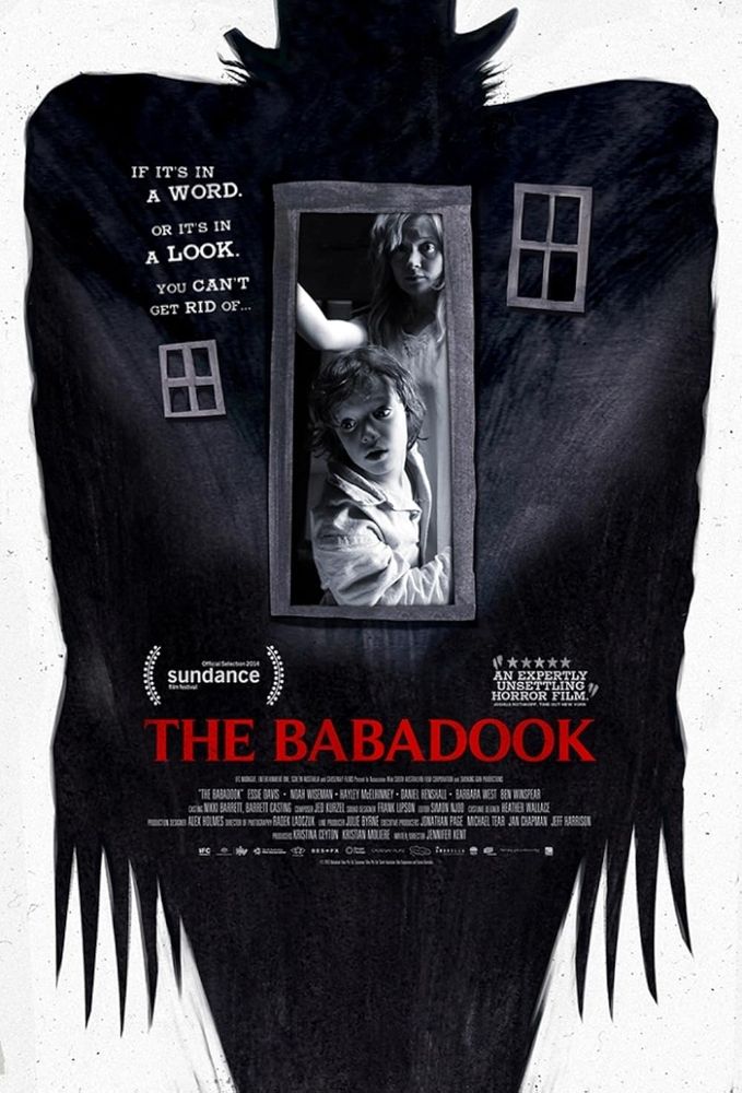 The poster for The Babadook showing the outline of the character with the mother and child together in a doorway layered over the outline 