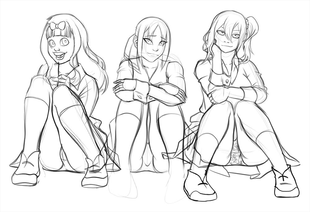 Chika, Kaguya, and Ai from "Kaguya-Sama: Love Is War" sitting in a way that reveals their panties