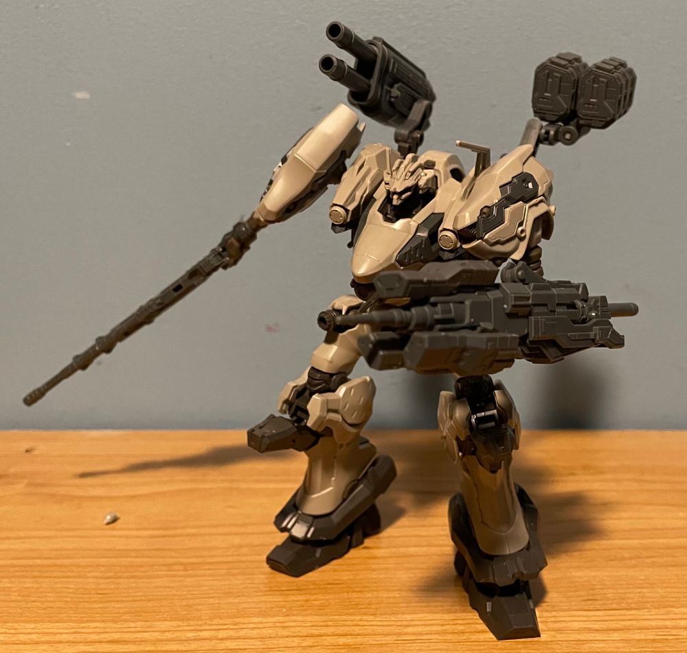 Bandai 30MM AC6 Nightfall model striking a pose with pilebunker retracted