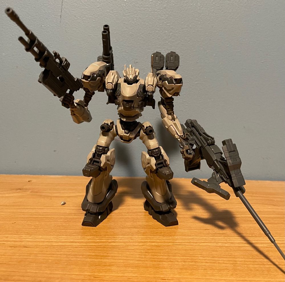 Bandai 30MM AC6 Nightfall model striking a pose with pilebunker extended
