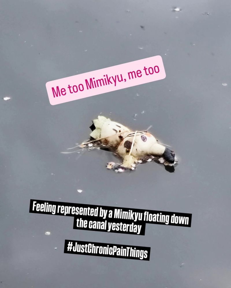 A plastic toy Mimikyu Pokémon floating down the canal. It is faded and covered in dead leaves. Text on the image reads "me too Mimikyu, me too" and "feeling represented by a Mimikyu floating down the canal yesterday #JustChronicPainThings