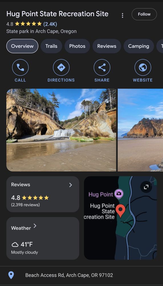 a screenshot from Google of the listing for Hug Point Recreation Site, a rocky beach featured in photos. god I'm so fucking lonely