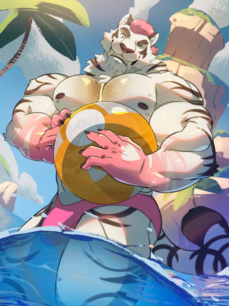 Tau, smiling at the viewer while holding a beachball at the beach.