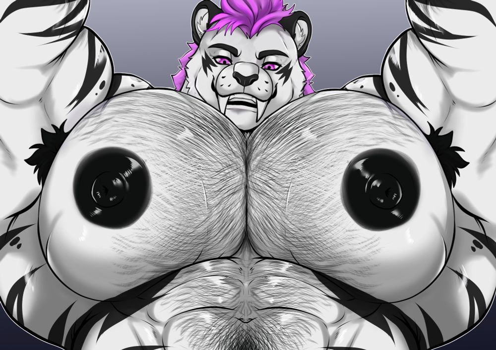 Tau with his pits, pecs, and abs on display wirh a smirk while looking at the viewer.