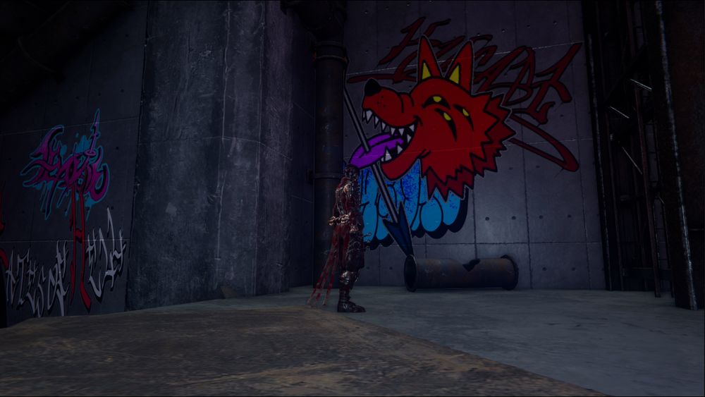 Yakumo from Ninja Gaiden 4 looking at a graffiti of a happy three eyed dog with an arrow through its tongue