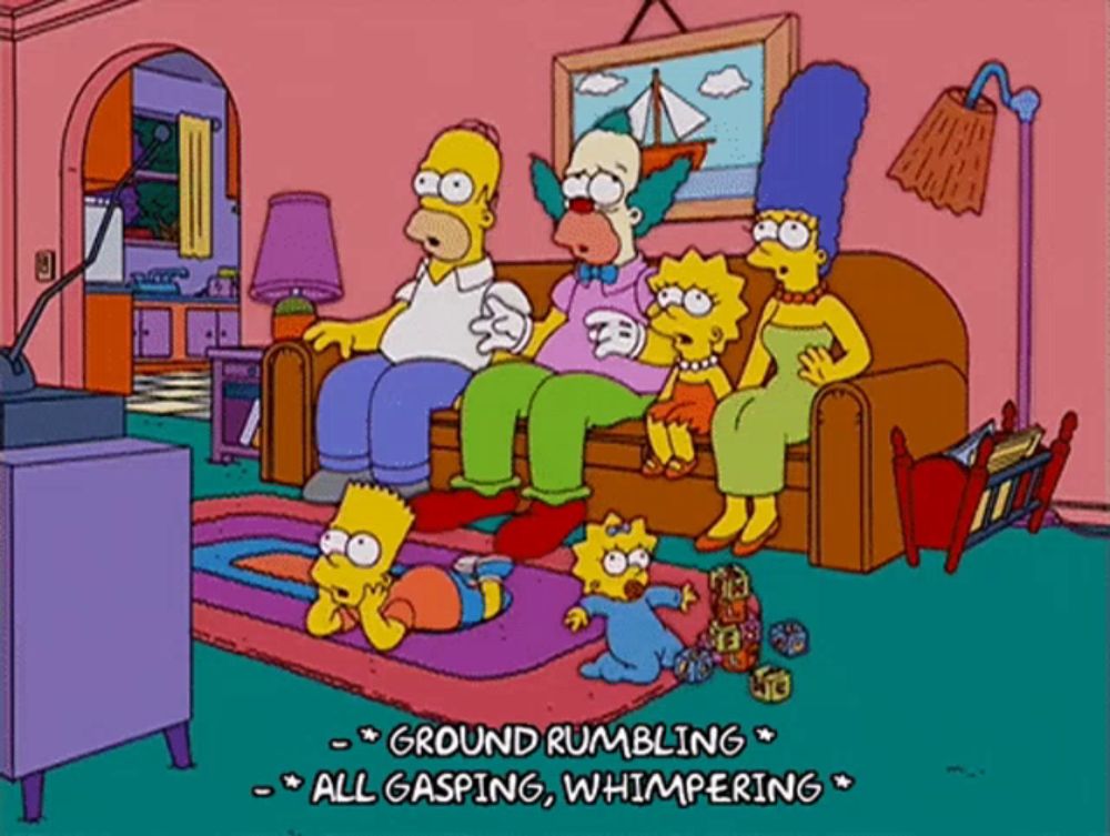 a cartoon of a family sitting on a couch with a caption that says ground rumbling