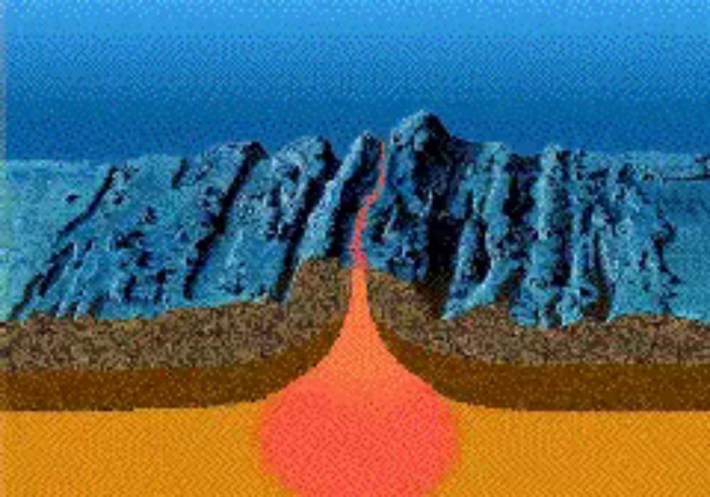 a computer generated image of a volcano erupting with mountains in the background