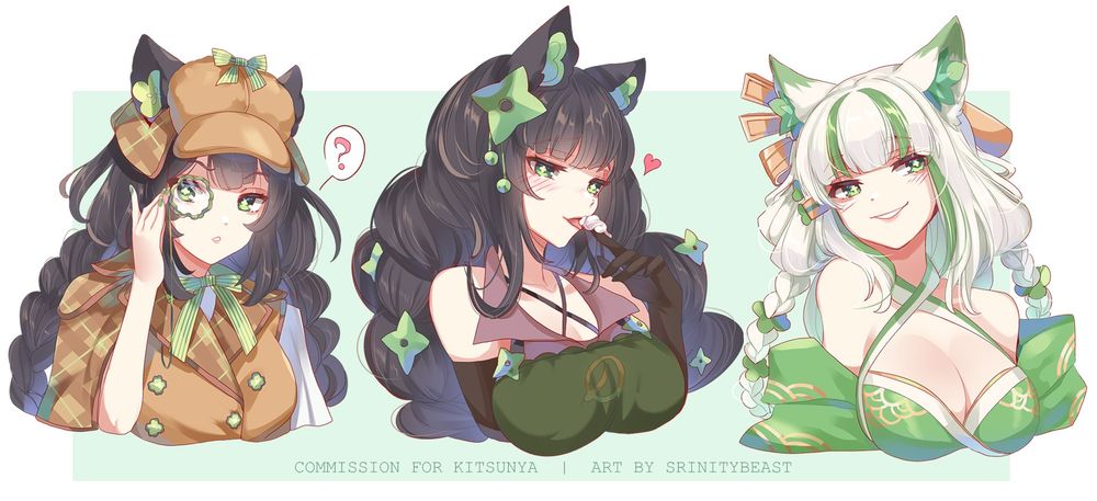 Art by Srinitybeast.
3 bust portraits of Kitsunya in her outfits. From left to right, Detective, Bobarista, Nymph.