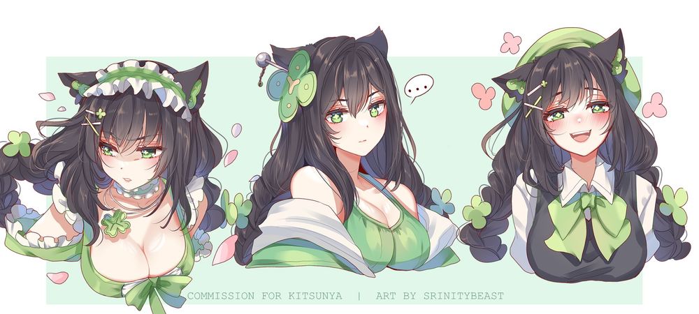 Art by Srinitybeast.
3 bust portraits of Kitsunya in her outfits. From left to right, Combat Maid, Streetmoe, Date.