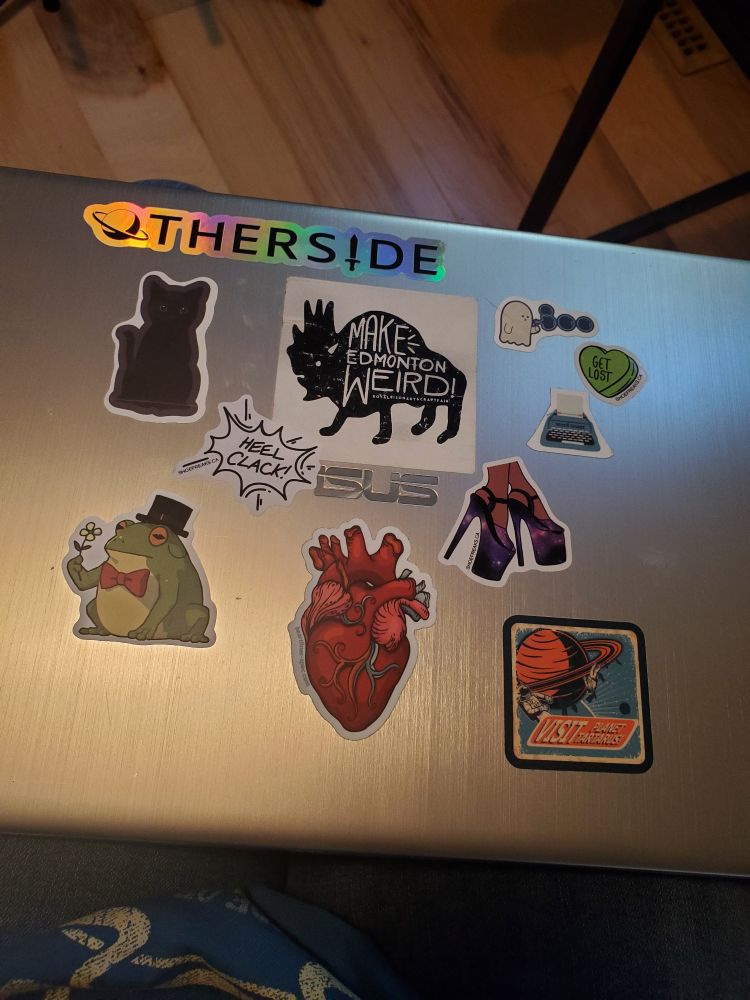 A silver laptop cover. It has a bunch of stickers on it, but most notably an Otherside holographic one 
