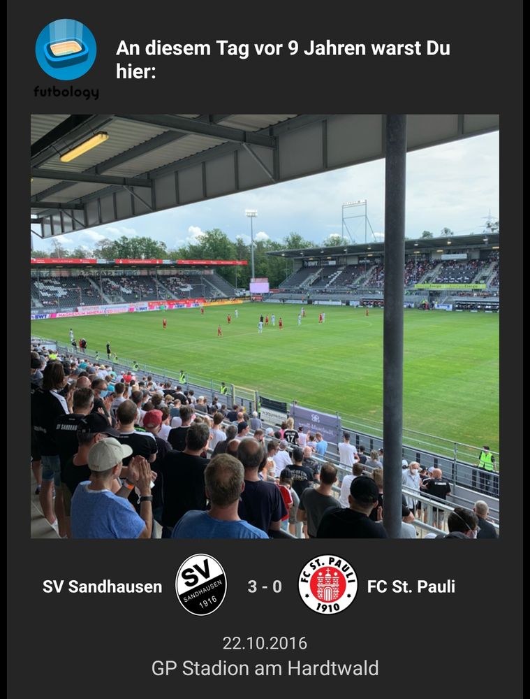 screenshot futbology-app: sv sandhausen gegen fc st pauli 3 zu 0 vor 9 jahren