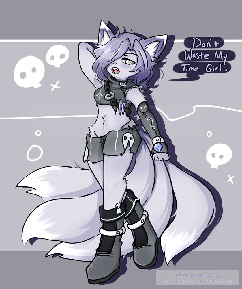 Changeling in a new persona as a silvery indigo kitsune with 4 tails. Character saying "Don't waste my time girl."