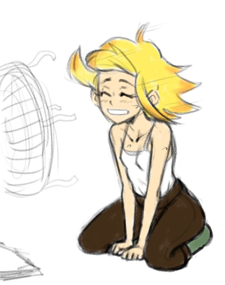 Drawing of my OC Ilia Baker sitting on her legs in front of a fan blowing her hair away from her face.