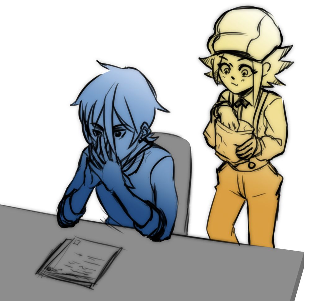 Old sketch of my OCs, Ilia and Gatz. Gatz has paperwork in front of him for the name of their detective agency and has his hands in a triangle shape in front of his face while he struggles to communicate with Ilia who is standing behind him, nonchalantly eating a bag of crisps.