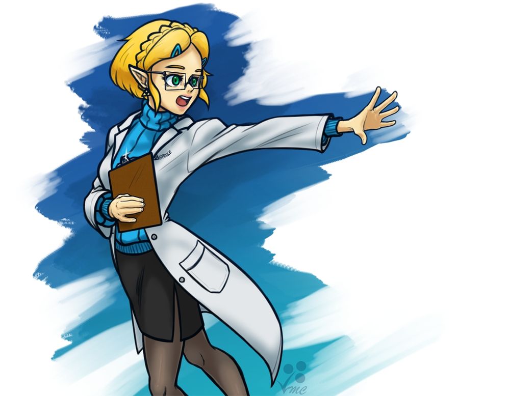 Drawing of Zelda from The Legend of Zelda dressed as a doctor. She has her TOTK short hair and is holding a chart with one hand and reaching out with the other, calling out to someone.