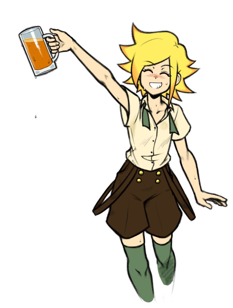 Drawing of my OC, Ilia Baker, sweaty and holding up a large glass of an unknown beverage.