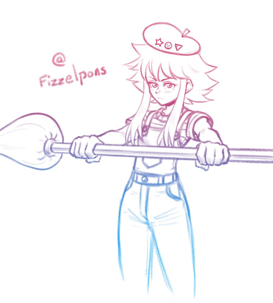 Sketch of an artist OC belonging to fizzelpons. They have a serious expression as they hold their paintbrush staff with arms extended in front of them.