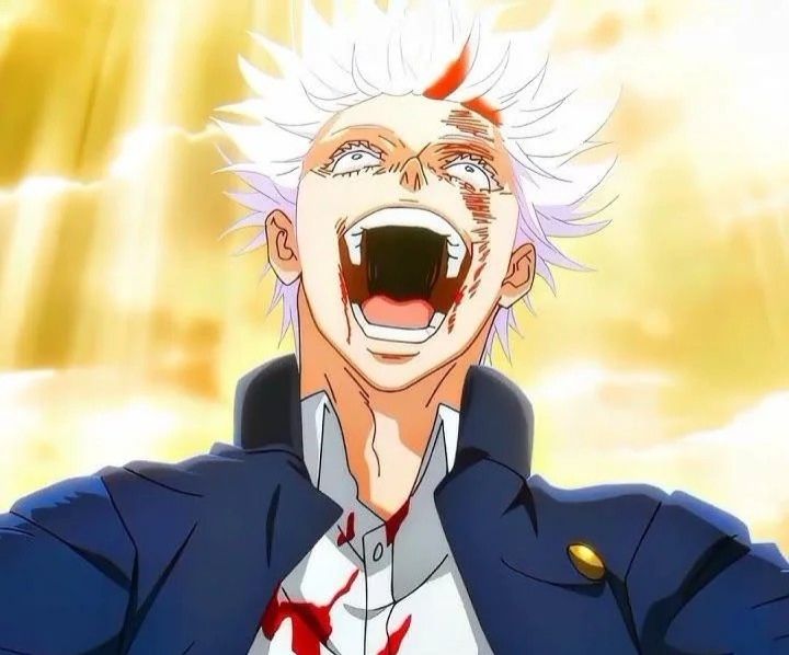 Satoro Gojo from jujutsu kaisen smiling at the sky.