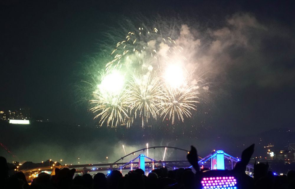 Fireworks from the end of the top deck of the David L. Lawrence Center, Pittsburgh PA
