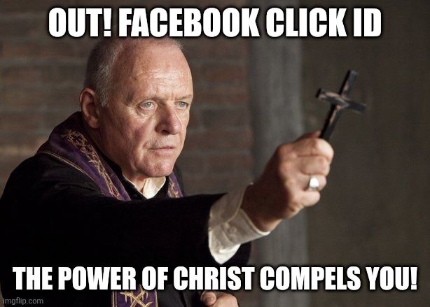 Anthony Hopkins dressed as a priest waves a cross. He says 