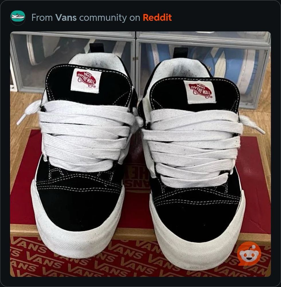 A picture of knu skool vans laced with loose lacing over the tongue and the edges of the laces just barely peeking out of eyelets (also known as loose lacing). The picture is taken from the vans subreddit.