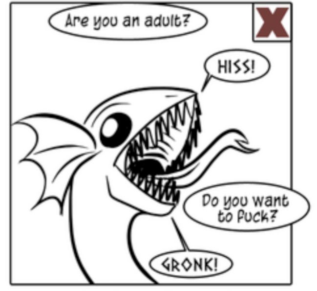 A cropped section of the famous Harkness Test comic that shows the dragon things saying GRONK and HISS