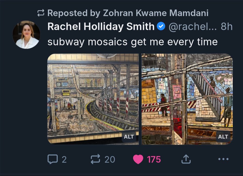 Screenshot of the below links Rachel Holliday Smith tweet "subway mosaics get me every time" retweeted by Zohran Kwame Mamdani