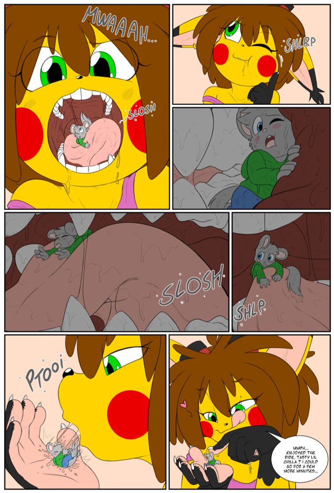 A comic featuring Sparky the Chu's pikachu sona playing with a shrunken DustNova's chinchilla sona in his mouth. Pressing him around with his tongue before spitting Dust into his hand. Sparky is poking Dust with a teasing face saying "MMM... enjoyed the ride, tasty lil chilla? I could go for a few more minutes." with dust blushing shyly.