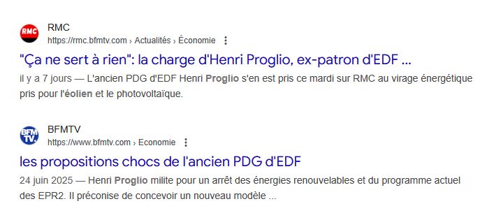 Article de presse dans lesquels Henri Proglio tente de convaincre que l'éolien et le photovoltaïque sont inutiles.