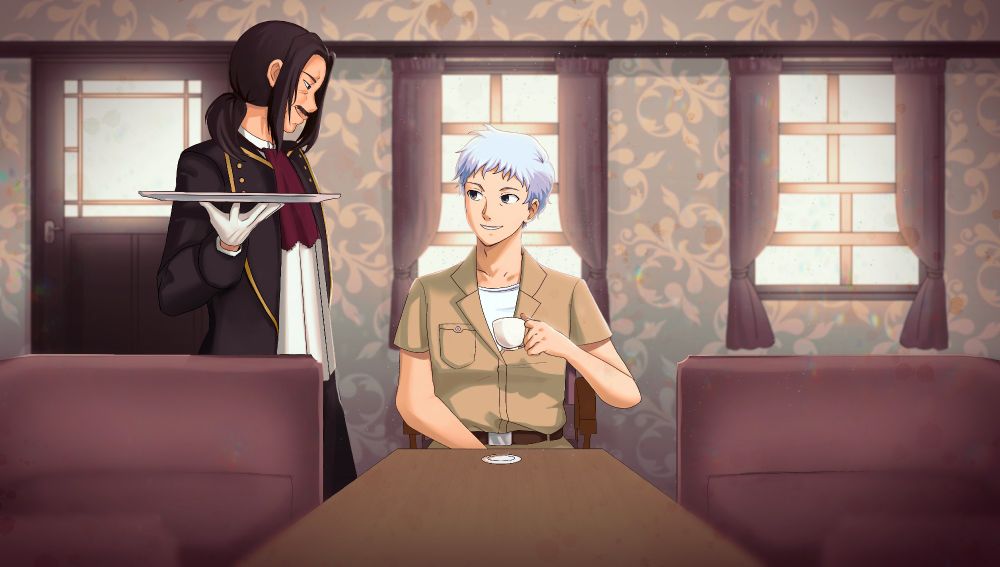 The previous image, but the camera is further away. Two people are in a nicely-furnished parlor. The person from the previous image is looking at a butler, who is smiling back. The happiness will not last forever.