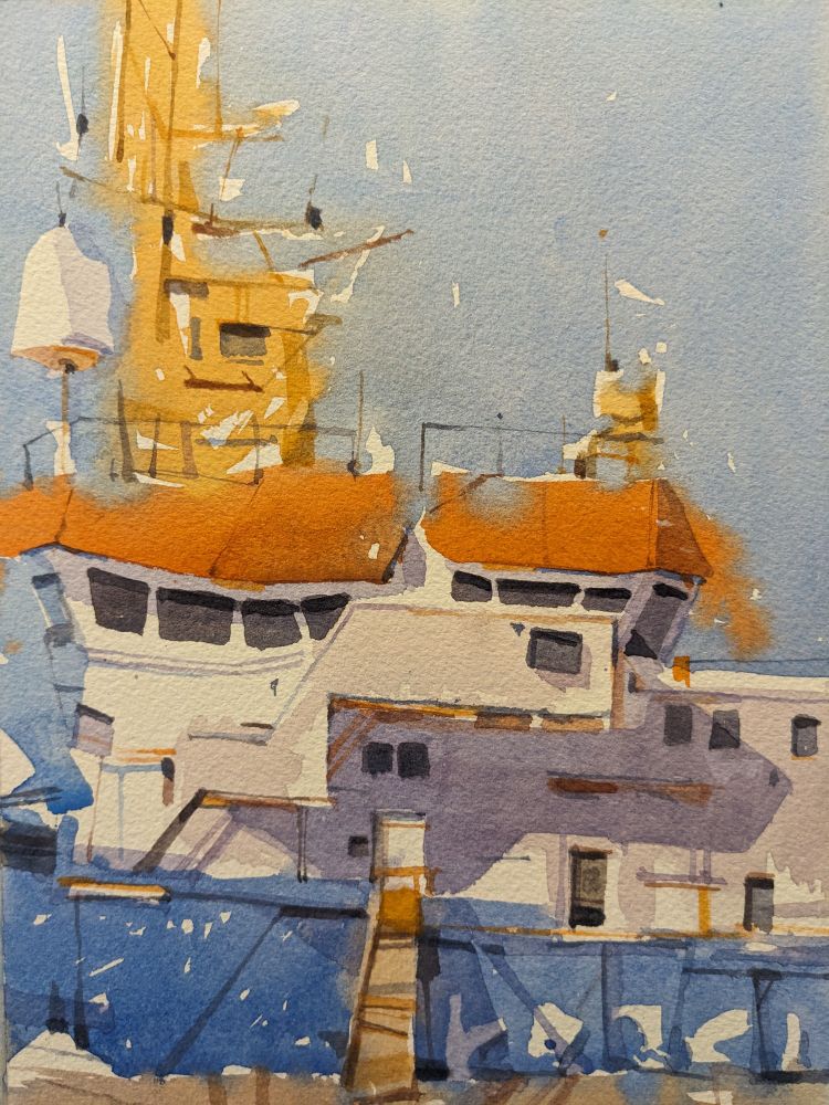 Watercolor painting of a Coast Guard ship in Scheveningen, The Hague. A blue sky hangs above a ship with an ultramarine blue bow, white middle accomodation and bright orange roof. The main mast and antennas are in yellows and ochres arising on the right. Stairs protrude from the accomodation - taking up the middle band of the view - casting angled, purple shadows on windows and doors along the main deck. A brown and orange gangway extends in the center toward the foreground.