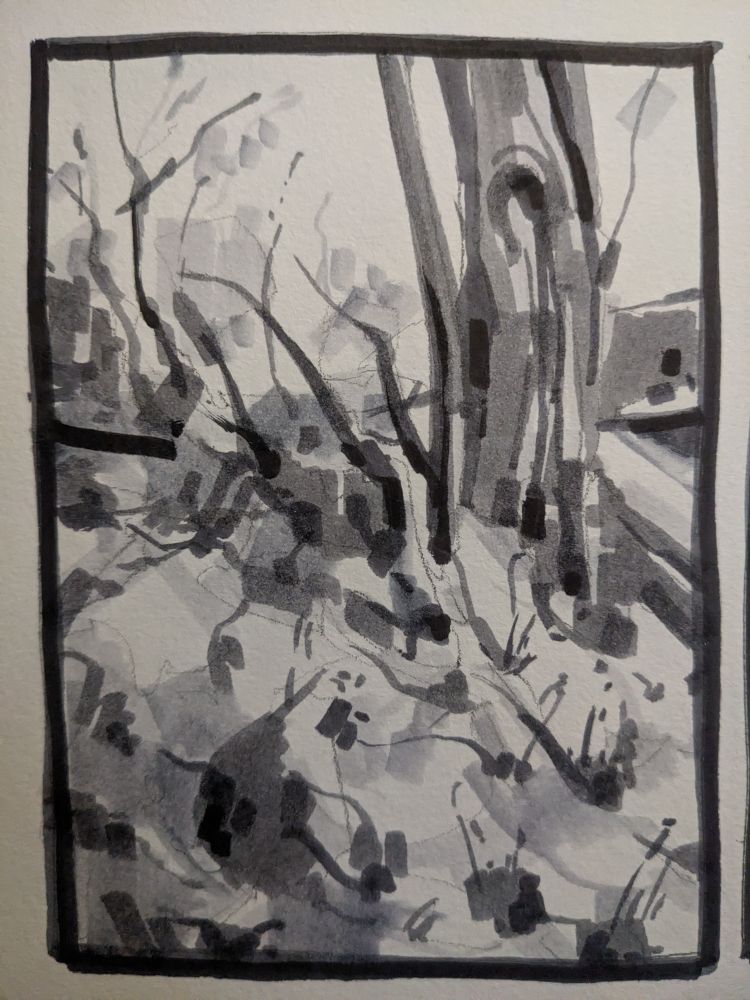 Gray-scale marker drawing of a sloping bed of snow, grasses and branches poking out below a thick tree trunk rising to the right. In the far distance, buildings balance with straight angles.