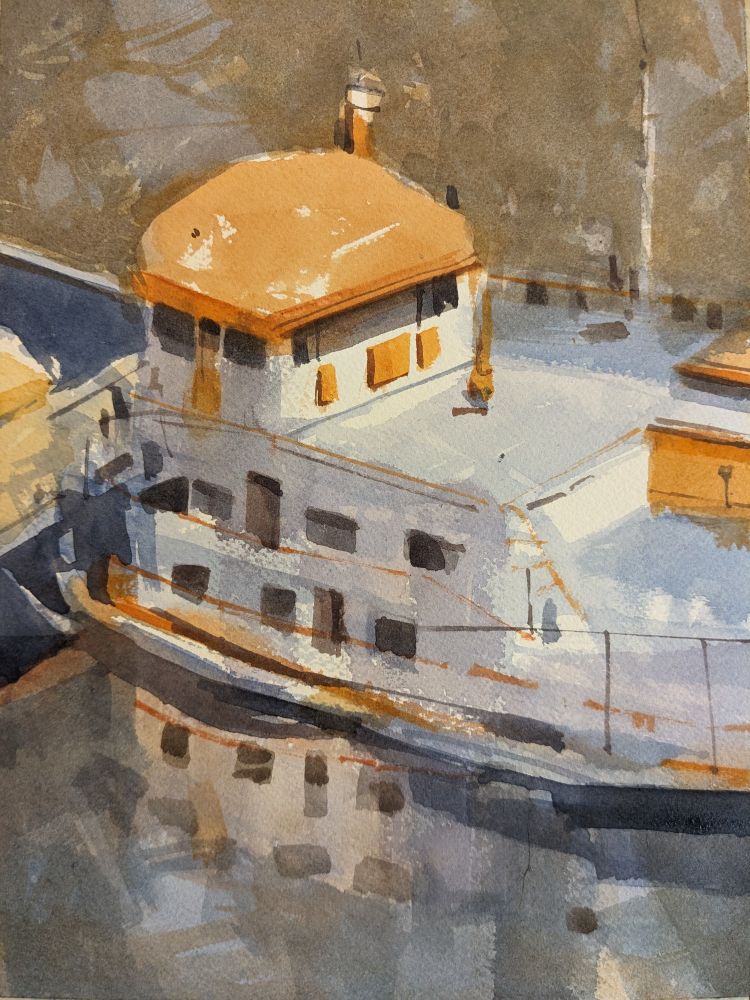 Watercolor painting of the cargo ship, Veerhaven VIII in Rotterdam, Netherlands. A white cargo ship with orange roofing is seen in profile, creating an angle from the upper left toward the bottom right. Various square windows dot its side, slightly in shade, while its dock cast back the sunlight in white. The water, encapsulating the boat, is an ochre blue and reflects back the ship in the lower half of the scene.