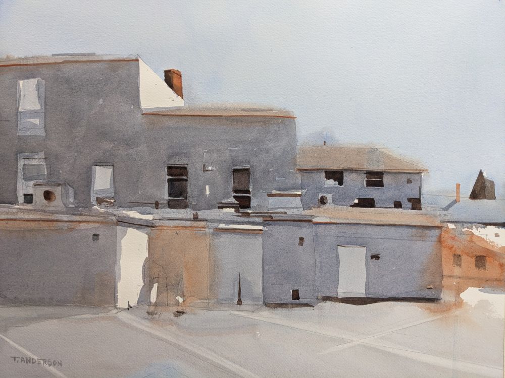 Watercolor painting of the back of a big blocky grey building along Washington Street in Middlebury, Vermont.